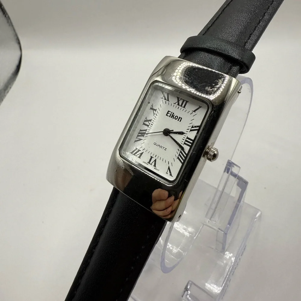 Eikon Women's Watch Black Band Silver Rectangle Bezel (New Battery)